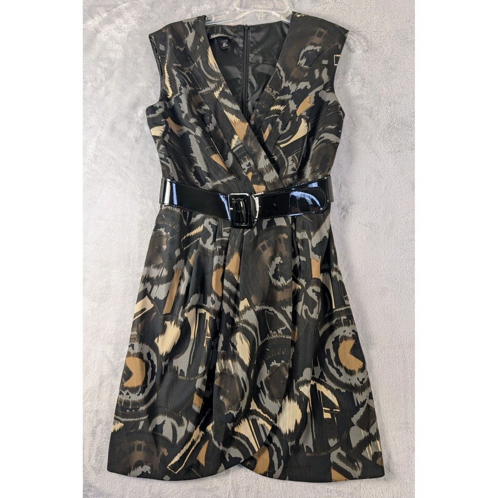 Sleeveless Black Print Dress V-neck Surplice Bodice Belted Wrap Skirt Size 10P - Picture 2 of 11